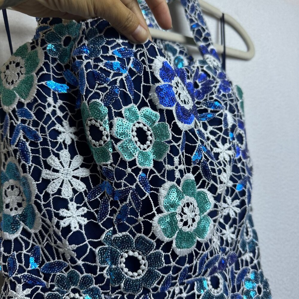 Dress the Population Blue White Floral Backless Lace Midi Dress - Picture 5 of 14